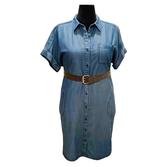 Lands’ End Lyocell Chambray Shirt Dress | Full Button Front | Washed Denim Blue - Picture 1 of 11